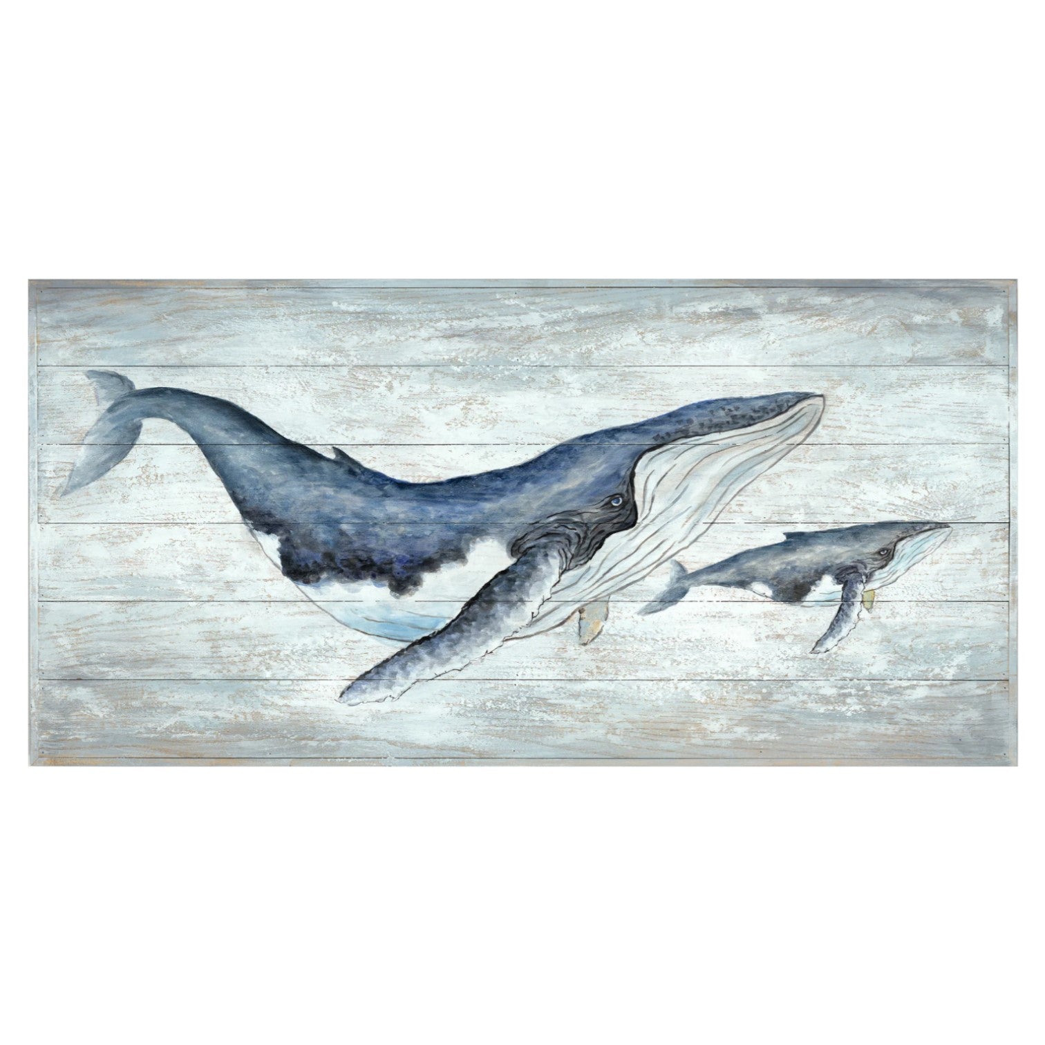 Two whales swimming on a textured blue background.