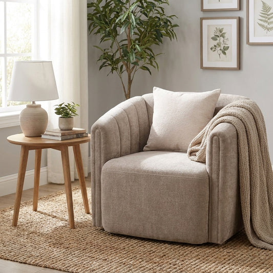 Beige upholstered armchair with a matching cushion.
