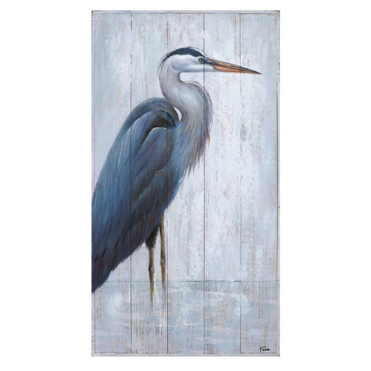 Painting of a heron standing in water on a wooden panel.