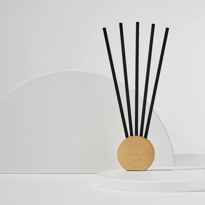 Minimalist reed diffuser with geometric backdrop.