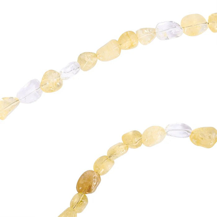 Yellow and clear irregular gemstone beads on strands.
