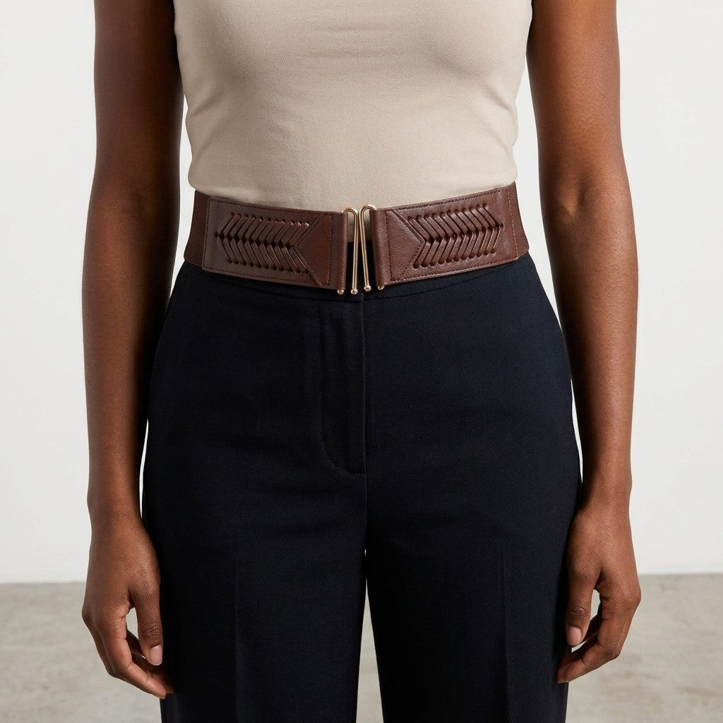 Woman wearing a tan top and brown belt with black pants.