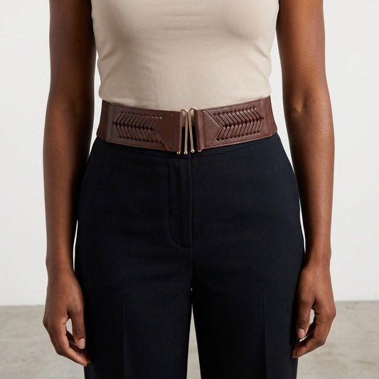 Woman wearing a tan top and brown belt with black pants.