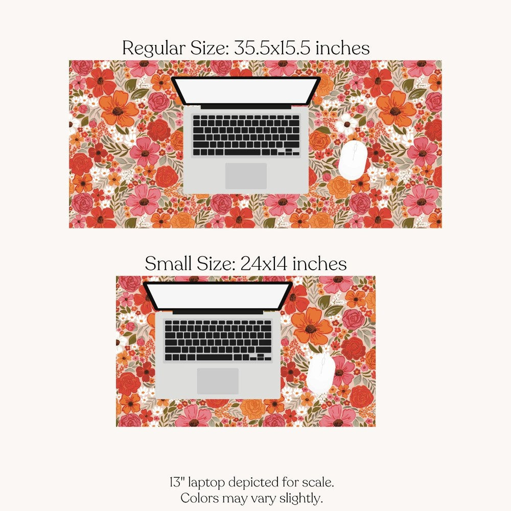 Floral mouse pads with laptop, regular (35.5x15.5) & small (24x14) sizes.