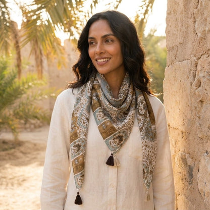 Woman in patterned scarf smiling outdoors in desert setting.