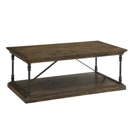 Wooden coffee table with metal legs and lower shelf.