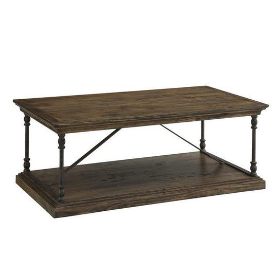 Wooden coffee table with metal legs and lower shelf.