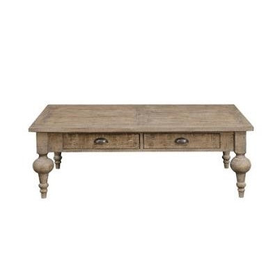 Wooden coffee table with two drawers and ornate legs.