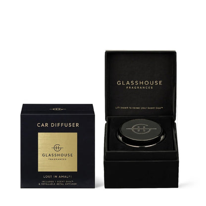 Glasshouse Fragrances car diffuser in sleek black packaging.