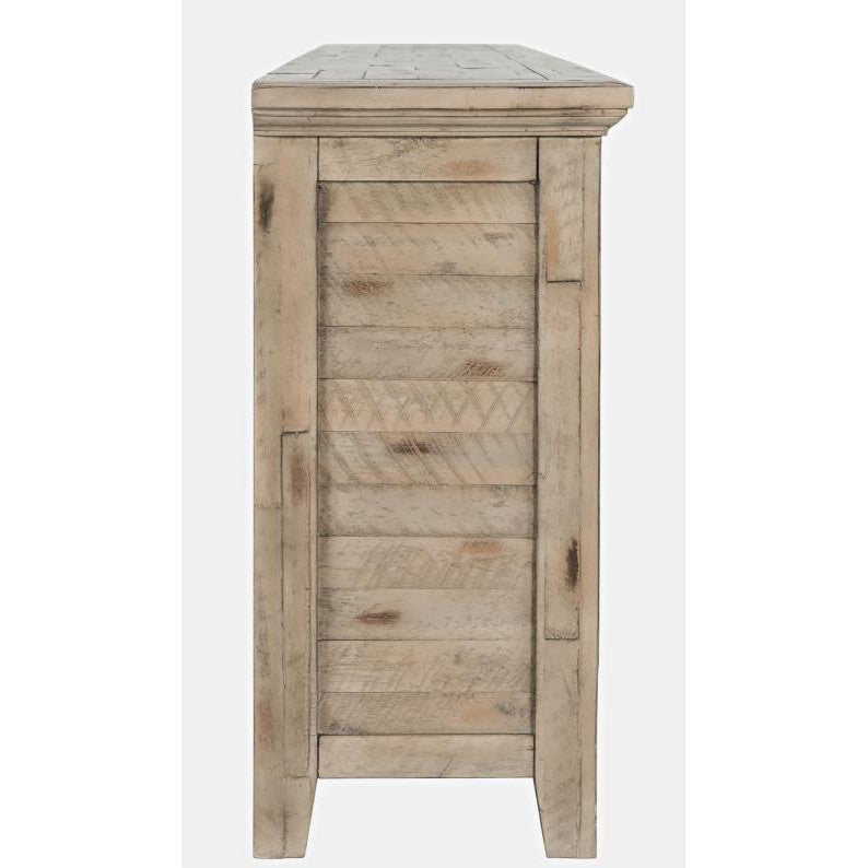 Rustic wooden cabinet side with a weathered finish.