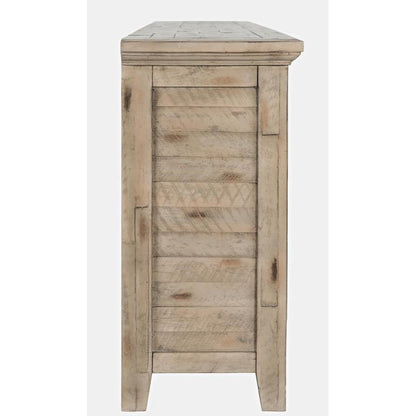 Rustic wooden cabinet side with a weathered finish.