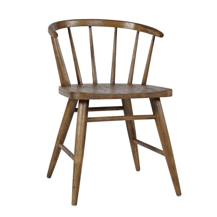Wooden chair with curved backrest and spindle legs.