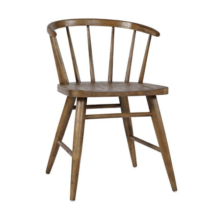 Wooden chair with curved backrest and spindle legs.