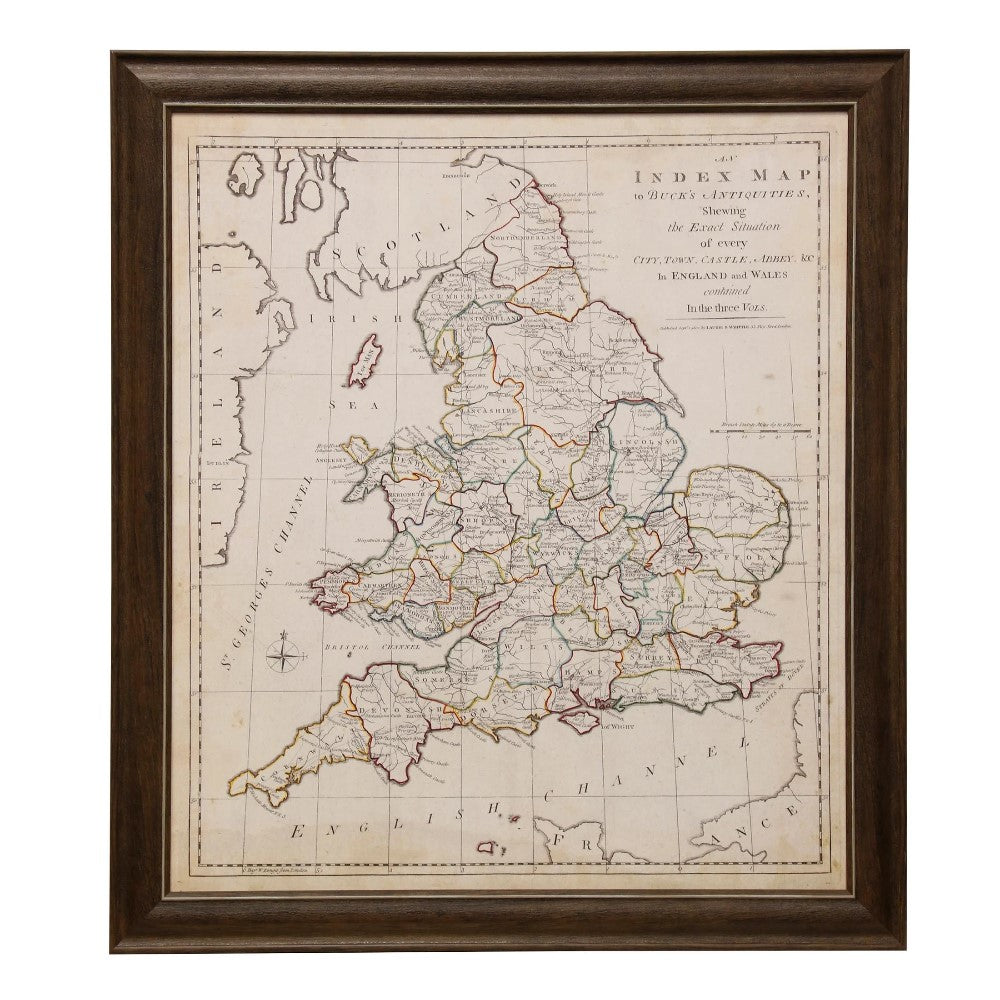 Framed vintage map of England and Wales with detailed borders.