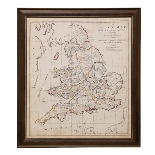 Framed vintage map of England and Wales with detailed borders.