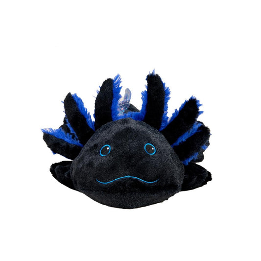 Black plush toy with blue details and a smiling face.