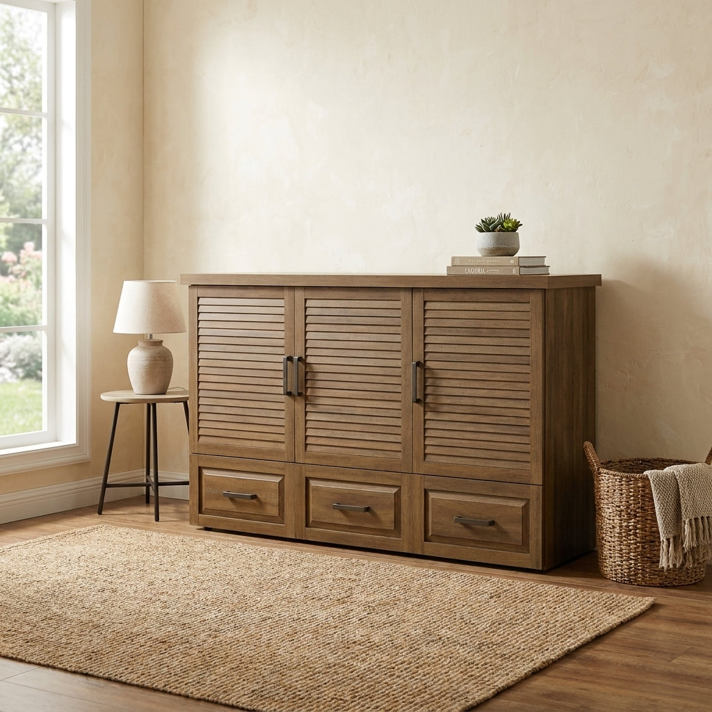Wooden cabinet, lamp, and basket in a cozy room with a window view.