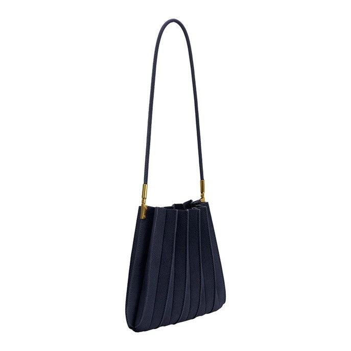 Elegant black pleated handbag with a gold-accented strap.