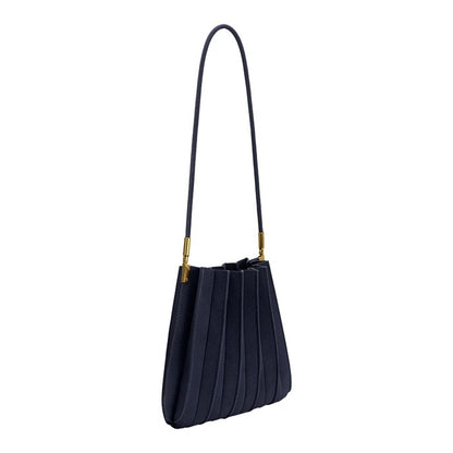 Elegant black pleated handbag with a gold-accented strap.