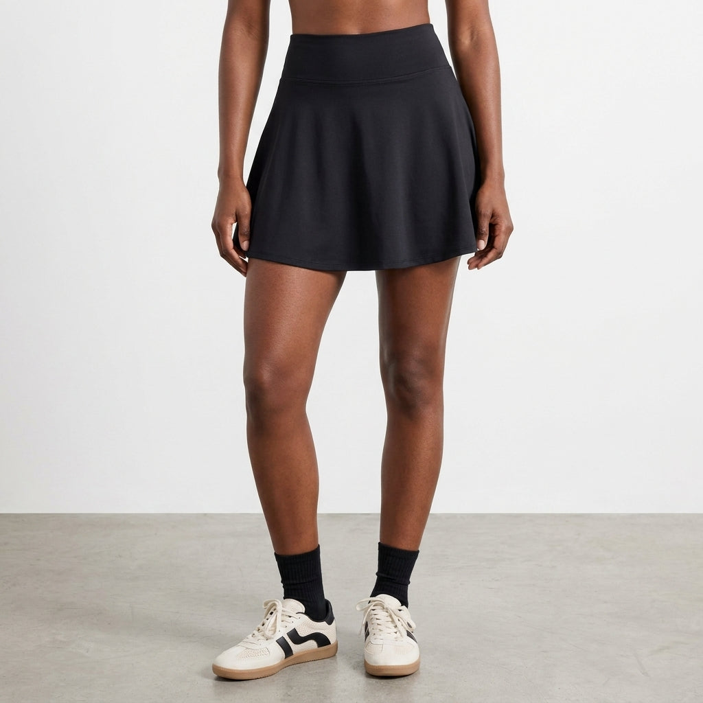 Black flared skirt on a model against a light background.