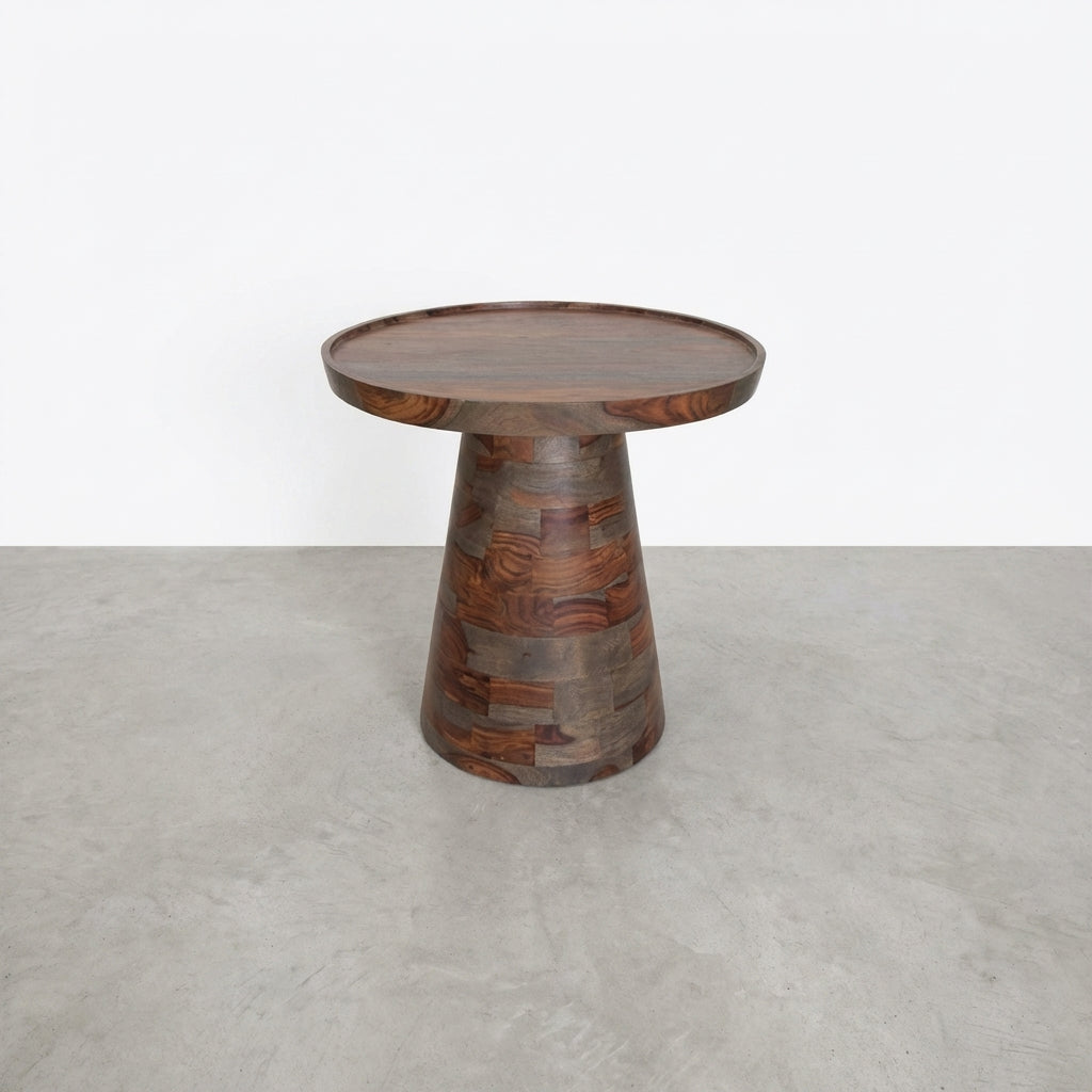 Wooden round table with a tapered base.