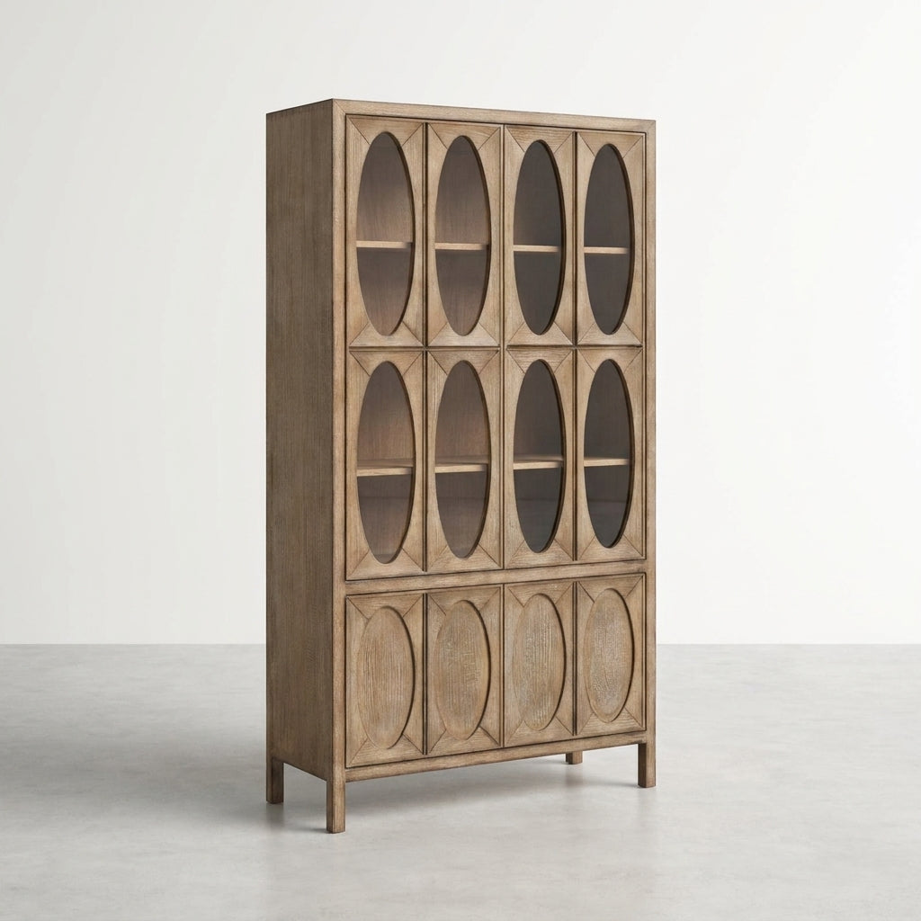 Wooden cabinet with oval pattern doors, standing on a light gray floor.