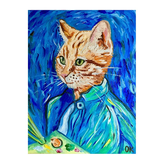 Picture of "Cat La Van Gogh on Blue" Wood Block Art Print