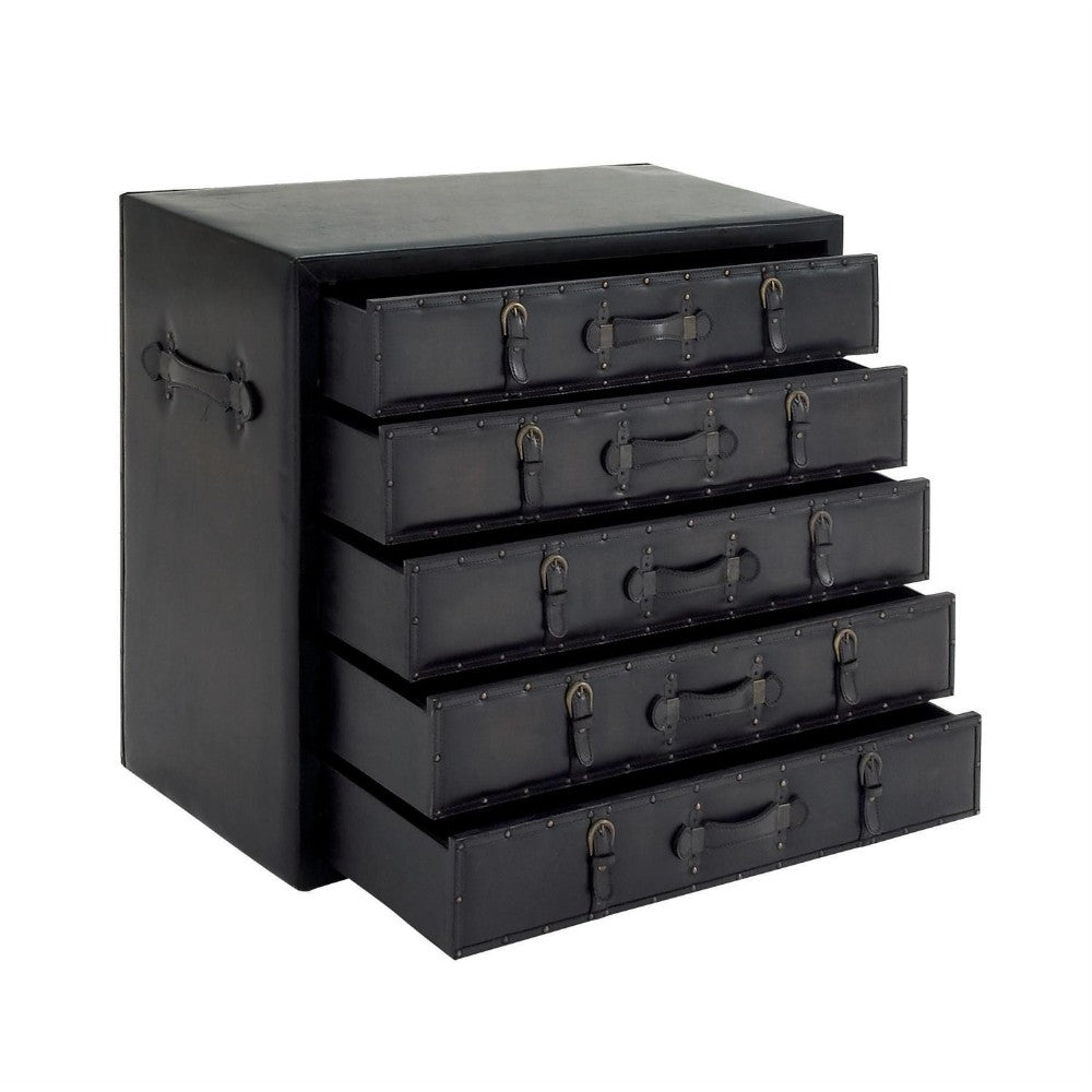 Black chest with five suitcase-style drawers, side handles, and buckle accents.