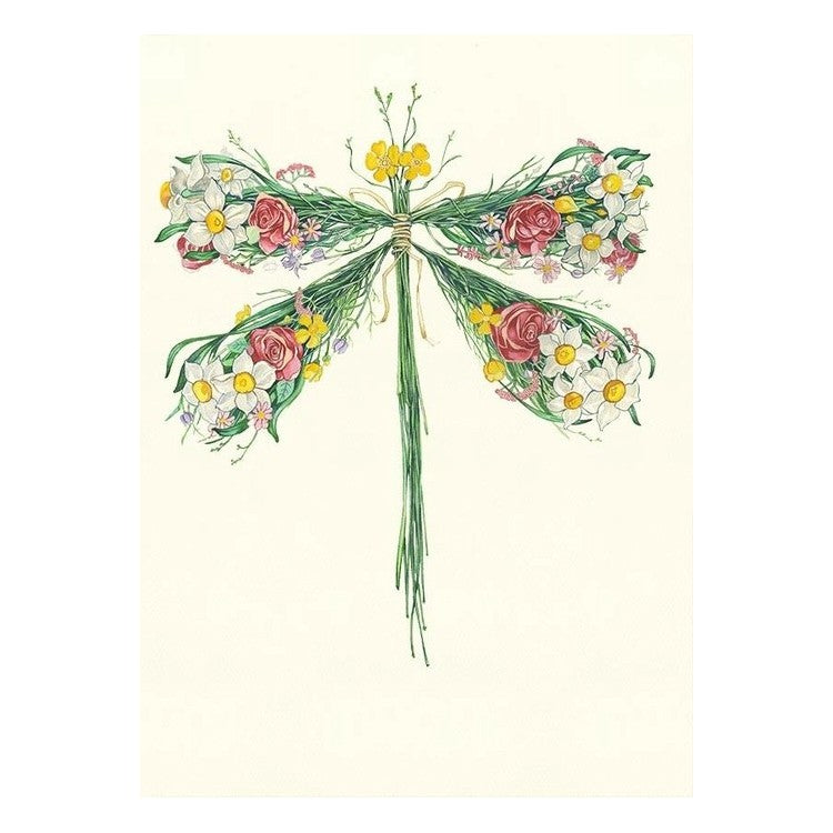 Colorful floral dragonfly illustration on a light background.