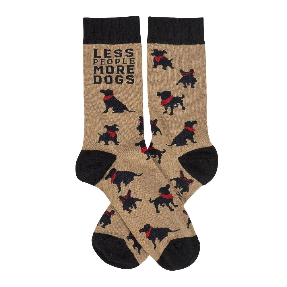 Brown socks with black dogs and "Less People More Dogs" text.