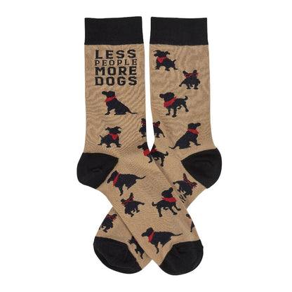 Brown socks with black dogs and "Less People More Dogs" text.