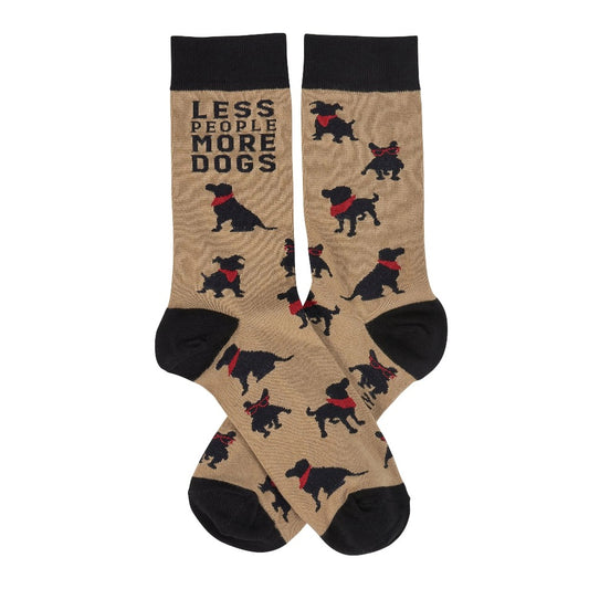 Brown socks with black dogs and "Less People More Dogs" text.