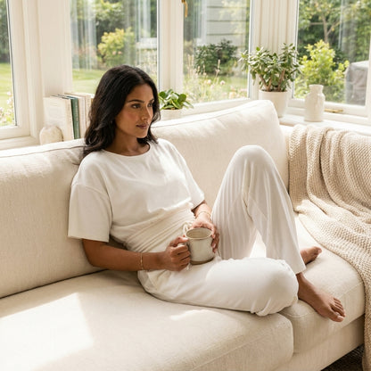 Woman relaxing on a sofa with a mug near a window.