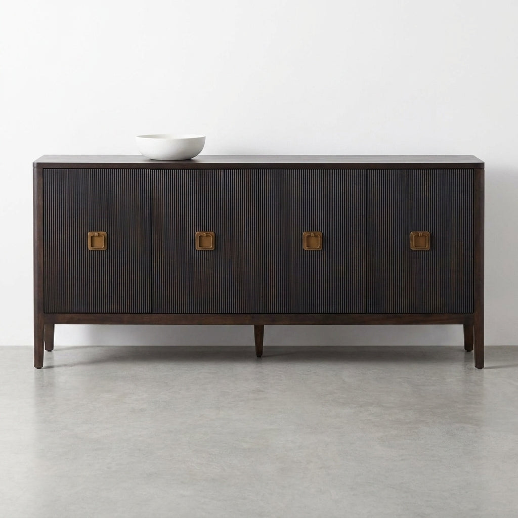 Dark, ribbed sideboard with wooden square handles and sleek legs.