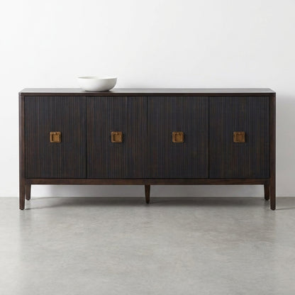 Dark, ribbed sideboard with wooden square handles and sleek legs.
