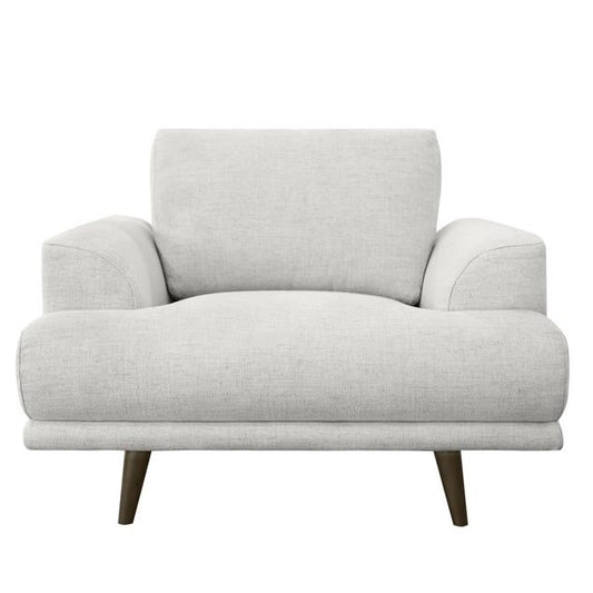 Modern, gray armchair with wooden legs.