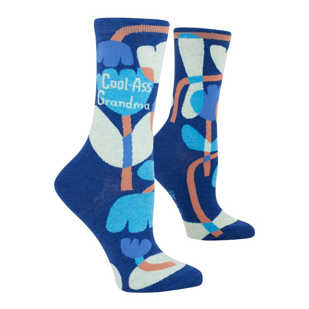 Blue socks with playful floral design and "Cool-Ass Grandma" text.