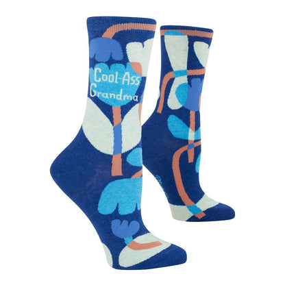 Blue socks with playful floral design and "Cool-Ass Grandma" text.