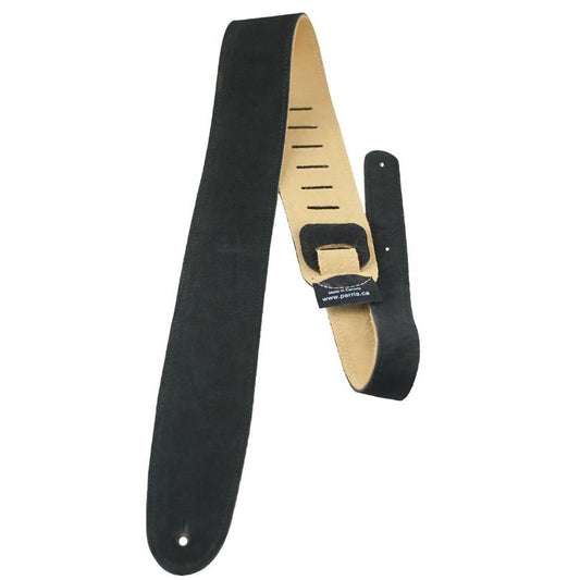 Black leather guitar strap with adjustable holes.