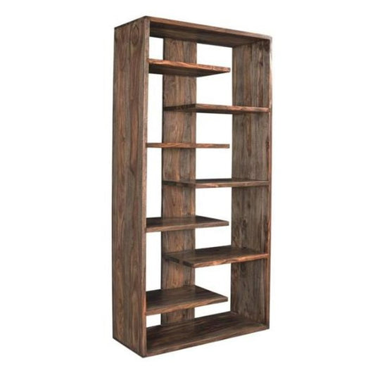 Modern wooden shelving unit with asymmetrical design.
