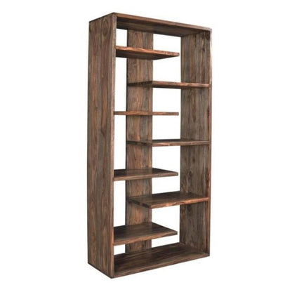 Modern wooden shelving unit with asymmetrical design.