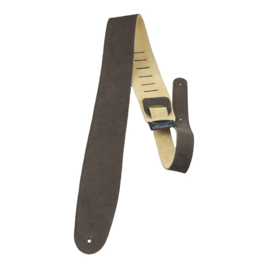 Brown suede guitar strap with adjustable length.