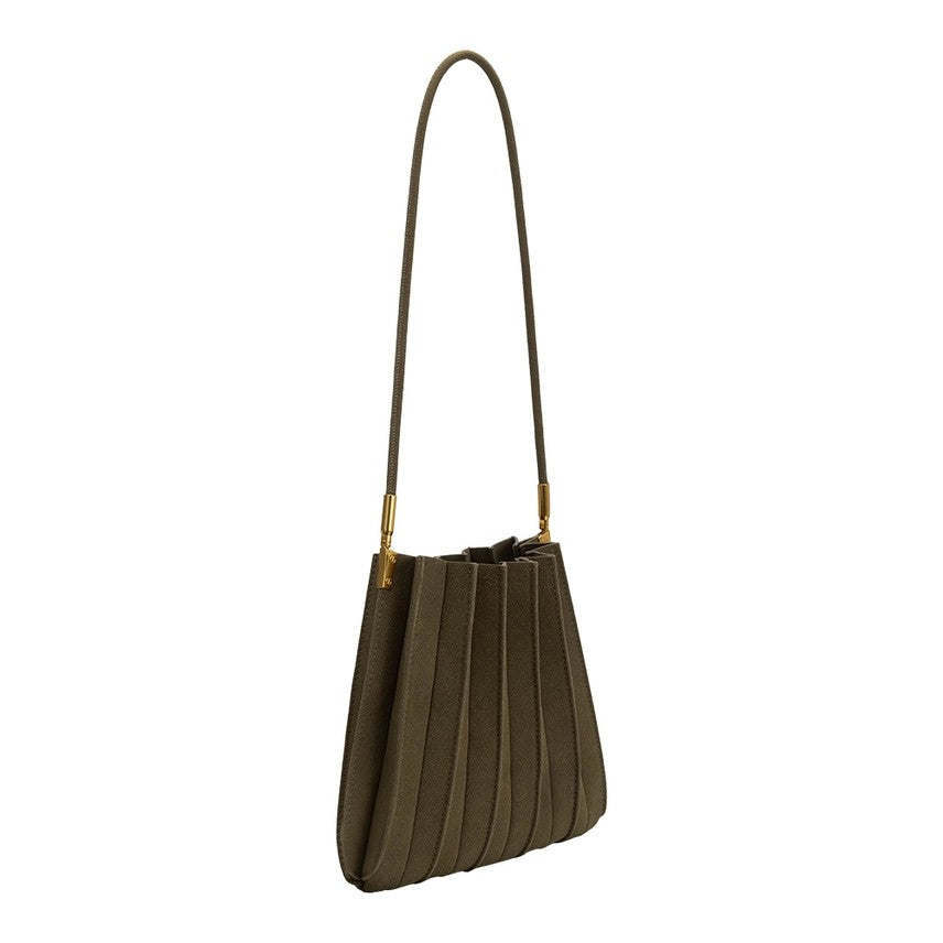Olive green pleated handbag with a long strap and gold accents.