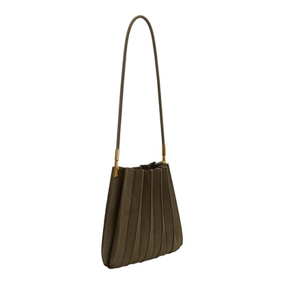 Olive green pleated handbag with a long strap and gold accents.