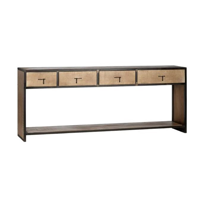 Wooden console table with four drawers and a lower shelf.