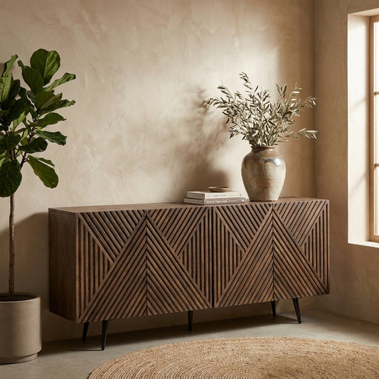 Wooden sideboard with geometric patterns on black legs.