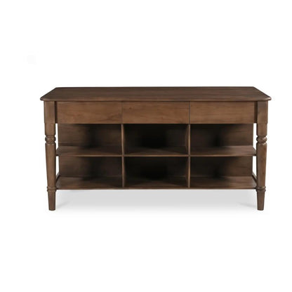 Wooden sideboard with open shelves and multiple compartments.