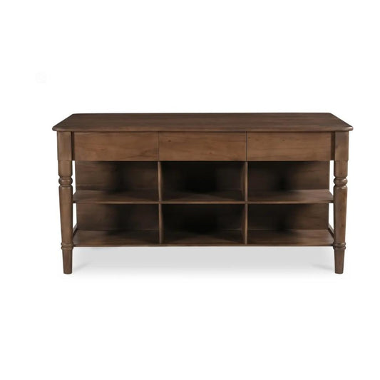 Wooden sideboard with open shelves and multiple compartments.