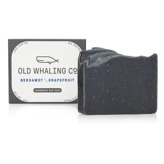 Dark handmade soap with Old Whaling Co box.
