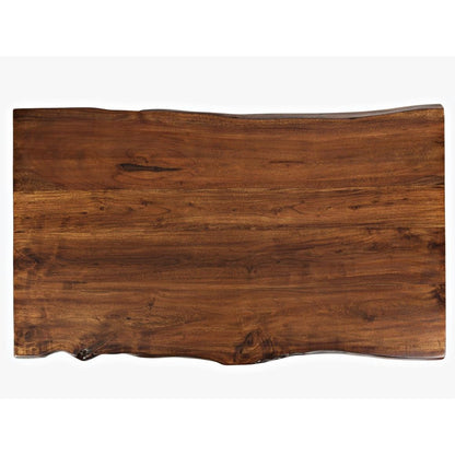 Rectangular wooden table with a natural grain and uneven edges.